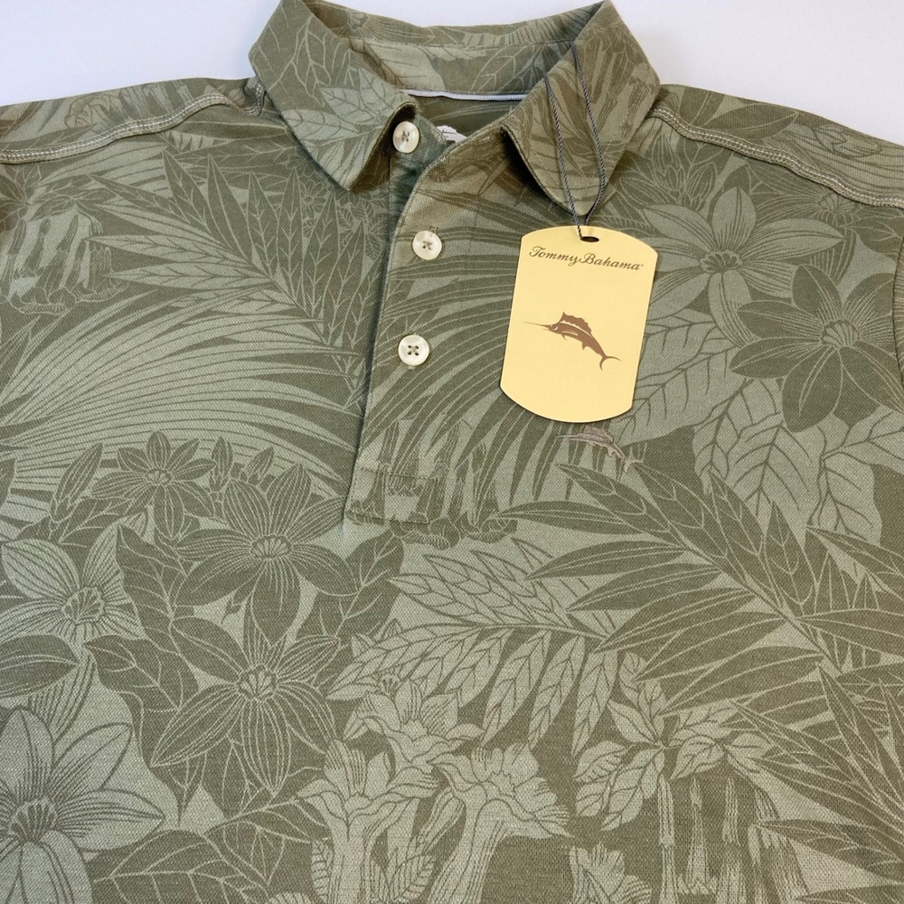 Tommy Bahama Mens S Green Polo Shirt New Floral Tropical Tea Leaf Beach Vacation
